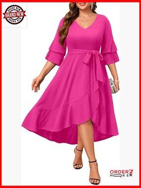 Plus Size Semi Formal V Neck Bell Sleeve High Low Ruffle Dress
